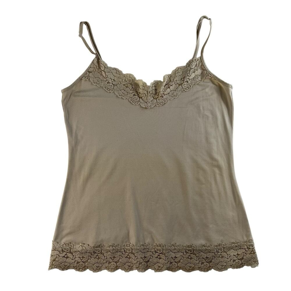 Y2K Vintage Sz M Beige Cami Tank Top Lace Neck Bottom Trim Boho Whimsy‎ Coquette